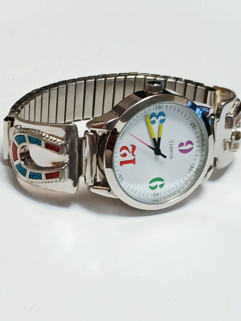 Silver Navajo Inlaid Turquoise/Coral Horse Shoe Tips Silver Watch Plus Expansion